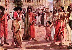 A coloured painting of Harishchandra parting with his wife and son