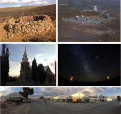 Top left: Fort Steenbok, a fortification from the Second Boer War. Top right: an aerial view of the South African Astronomical Observatory. Middle left: the main church in the town centre. Middle right: a view of the stars in the nights sky in Sutherland. Bottom: a panoramic view of the town centre facing away from the main church.