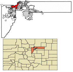 Location of the City of Westminster in Jefferson and Adams counties, Colorado.
