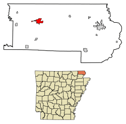 Location of Corning in Clay County, Arkansas.