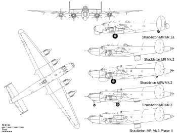 Orthographic projection of the Avro Shackleton MR Mk 1A, with profile views of all the other major variants