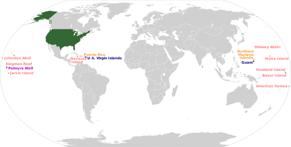 A world map highlighting the several island claims of the United States