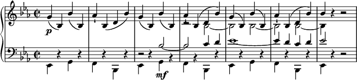  { \new PianoStaff << \new Staff << \new Voice \set Score.tempoHideNote = ##t \tempo 2 = 60 \relative g' { \clef "treble" \key es \major \stemUp \set Staff.midiInstrument = #"piano" \time 2/2 | % 1 g4 \p ( bes,4 ) bes'4 ( bes,4 ) | % 2 as'4 -! bes,4 ( d4 bes'4 ) | % 3 g4 ( bes,4 ) bes'4 ( bes,4 ) | % 4 as'4 -! bes,4 ^( d4 bes'4 ) | % 5 g4 ^( bes,4 ) bes'4 ^( bes,4 ) | % 6 as'4 -! bes,4 ^( d4 bes'4 ) | % 7 bes4 r4 r2 } \relative bes { \clef "treble" \key es \major \stemDown \time 2/2 | % 1 s1*3 | % 4 r2 bes2 _~ | % 5 bes2 bes2 _~ | % 6 bes2 bes2 _~ | % 7 bes4 s4 s2 } >> \new Staff << \new Voice \set Staff.midiInstrument = #"piano" \relative es, { \clef "bass" \key es \major \stemDown \time 2/2 es4 r4 g4 r4 | % 2 f4 r4 bes,4 r4 | % 3 es4 r4 g4 \mf r4 | % 4 f4 r4 bes,4 r4 | % 5 es4 r4 g4 r4 | % 6 f4 r4 bes,4 r4 | % 7 es4 r4 r2 } \relative bes { \clef "bass" \key es \major \stemUp \time 2/2 s2*4 | % 3 r2 bes2 ~ | % 4 bes2 c4 d4 | % 5 es1 ~ | % 6 es4 d4 c4 d4 | % 7 es2 s4 s4 } >> >> } 