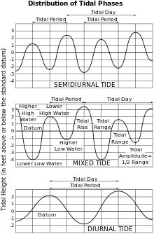 Three graphs. The first shows the twice-daily rising and falling tide pattern with nearly regular high and low elevations. The second shows the much more variable high and low tides that form a "mixed tide". The third shows the day-long period of a diurnal tide.