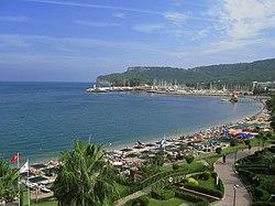 A view of the beach and marina of Kemer