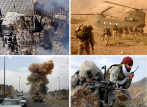 Clockwise from top left: Aftermath of the 11 September attacks; American infantry in Afghanistan; an American soldier and Afghan interpreter in Zabul Province, Afghanistan; explosion of a car bomb in Baghdad