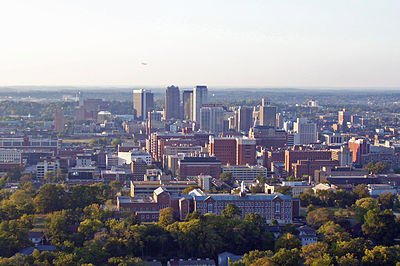 View of Birmingham looking north from the crest of Red Mountain, with Southside (including UAB and Ramsay High School) in the immediate foreground.