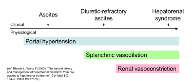 Diagram: ascites, diuretic-resistant ascites and hepatorenal syndrome are a spectrum of clinical features. Portal hypertension is associated with all three. Splanchnic vasodilation is associated with all but ascites. Kidney vasoconstriction is associated only with HRS.