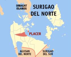 Map of Surigao del Norte with Placer highlighted