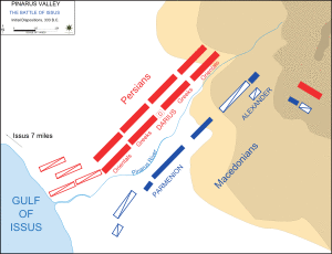 A military diagram. A river runs through the lower-left diagonal. On one side are the Persians, with the Orientals and Greek mercenaries, and on the other are the Macedonians, with Alexander and Parmenion. The gradient of the nearby mountains generally decreases from the top right, till the shores of the gulf in the bottom left.