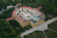 Areal view of a palace around a large courtyard