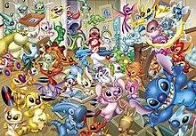 A blue alien (Stitch; far right, close to viewer) and his many alien genetic experiment 'cousins' are causing a mess in a living room. A young girl wearing a red dress (Stitch's owner and friend Lilo Pelekai) is in the far back visibly screaming over the mess the aliens are causing.