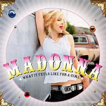 Madonna wearing a white top with her tongue out to the camera. The photo is within a circular frame on top of which artist and song name is written in bold capital font.