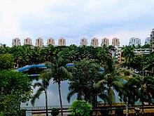 Nerul Water Pond surrounding coconut trees, having gym station, having play station for kids