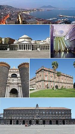 Top: Panorama view of Mergellina Port, Mergellina, Chiaia area, over view of Mount Vesuvius, Second left: Piazza del Plebiscito Second right: Toledo metro station Third left: Castel Nuovo, Third right: Museo di Capodimonte, Bottom: View of Royal Palace of Naples