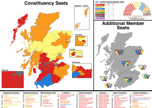 A map showing the constituency winners of the Election by their party colours.