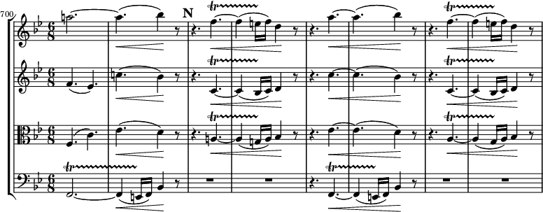  { #(set-global-staff-size 19) << \new StaffGroup << \new Staff << \set Score.currentBarNumber = #700 \clef treble \key bes \major \time 6/8 \bar "" \relative c''' { \clef treble \key bes \major \time 4/4 a!2.~ a4.(\< bes4)\! r8 \mark #13 r4. f4.~\<\startTrillSpan f4( e16\stopTrillSpan f) d4\! r8 r4. a'~\< a( bes4)\! r8 r4. f4.~\<\startTrillSpan f4( e16\stopTrillSpan f) d4\! r8 } >> \new Staff << \clef treble \key bes \major \time 6/8 \new Voice \relative c' { f4.( es) c'!\<( bes4\!) r8 r4. c,~\<\startTrillSpan c4( bes16\stopTrillSpan c) d4\! r8 r4. c'~\< c( bes4\!) r8 r4. c,~\<\startTrillSpan c4( bes16\stopTrillSpan c) d4\! r8 } >> \new Staff << \clef alto \key bes \major \time 6/8 \new Voice \relative c { f4.( c') es(\< d4)\! r8 r4. a!~\<\startTrillSpan a4( g!16\stopTrillSpan a) bes4\! r8 r4. es~\< es( d4)\! r8 r4. a~\<\startTrillSpan a4( g16\stopTrillSpan a) bes4\! r8 } >> \new Staff << \clef bass \key bes \major \time 6/8 \new Voice \relative c, { f2.~\startTrillSpan f4(\< e16\stopTrillSpan f) bes4\! r8 R2. R r4. f~\<\startTrillSpan f4( e16\stopTrillSpan f) bes4\! r8 R2. R } >> >> >> } 