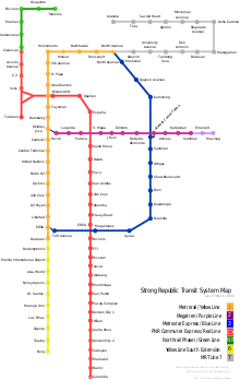 Color-coded lines on an outline map illustrating relative positions of existing and planned routes as described in the text