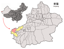 Wuqia/Ulugqat County (red) within Kizilsu Prefecture (yellow) and Xinjiang