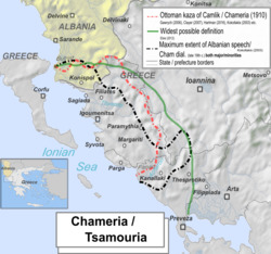 Approximate geographical outline of Chameria according to various views. In green the more expansive version of region's definition by R. Elsie.[1]