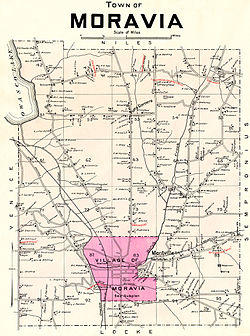 Town of Moravia, NY with the village of Moravia highlighted, 1904