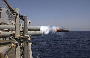 US Navy 040626-N-5319A-006 An Anti-Submarine Warfare (ASW) MK-50 Torpedo is launched from guided missile destroyer USS Bulkeley (DDG 84).jpg