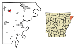 Location of Manila in Mississippi County, Arkansas.