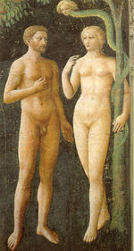 A fresco showing Adam and Eve tempted by the Devil. Eve holds a piece of fruit while Adam gestures towards it. The figures look slim, youthful and beautiful. Adam is bearded and tanned; Eve is blonde and pretty.