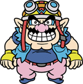 An overweight character with pointy ears, a pink nose, thick eyebrows, muscular arms and a wavy moustache. He wears a navy blue shirt with a light blue jacket, pink pants with a red belt, blue shoes, and yellow biker gloves with a blue W. On his head, a yellow biker helmet with a blue W, goggles, and a red strap.