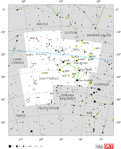 Diagram showing star positions and boundaries of the Sagittarius constellation and its surroundings