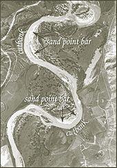 Aerial photograph of a meandering river