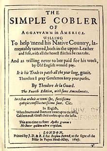 Nathaniel Ward, The Simple Cobler of Aggawam in America (4th ed, 1647, title page).jpg