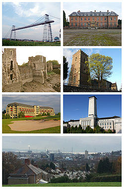 A montage of seven images of the sights of Newport. Clockwise from the top left: the Transporter Bridge in clear skies, the grounds and building at Tredegar House with the gates in the foreground, the remains of Newport Castle on the side facing the River Usk, St Woolos Cathedral and a tree in the foreground, The Celtic Manor resort building with the sand bunker of the golf course in the foreground, the Clock Tower of Newport City Council's Civic Centre, and a wide shot at the bottom of the skyline of Newport from a hill, with the Usk in the far distance.