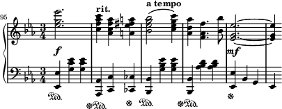  { #(set-global-staff-size 16) \new PianoStaff << \new Staff << \relative c'' { \set Score.currentBarNumber = #95 \bar "" \clef treble \key es \major \time 3/4 \override DynamicLineSpanner.staff-padding = #3 <es g es'>2.\f <c f aes c>4^\markup { \bold "rit." } <aes c f aes> <a es' fis a> <bes es g bes>2(^\markup { \bold "a tempo" } <c es g c>4) <aes d aes'>4 <f aes f'>4. <bes bes'>8 <es, g es'>2.~\mf <es g es'>4 } >> \new Staff << \relative c, { \clef bass \key es \major \time 3/4 <es es'>4\sustainOn <g' c es> <g c es> <aes,, aes'>\sustainOff\sustainOn <c c'> <ces ces'>\sustainOff <bes bes'>\sustainOn <g'' bes es> <g bes es> <bes,, bes'>\sustainOff\sustainOn <aes'' bes d> <aes bes d> <es, es'>\sustainOff bes' g es } >> >> } 
