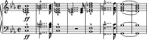  \relative c' { \new PianoStaff << \new Staff { \set Staff.midiInstrument = #"brass section" \key es \major \clef treble \time 2/2 \set Score.tempoHideNote = ##t \tempo 2 = 50 <c e g c>1 \ff _^ | <g' b d>2... ^^ <g b d>16 | <c, e g c e>1 _^ | <c e g>2... _^ <c e g>16 | <des f bes des f>1 _^ | <f a f'>2... ^^ <f a f'>16 | \set doubleSlurs = ##t <es g bes es>1 ^( ~ | <d g bes d>1 ) | } \new Staff { \set Staff.midiInstrument = #"brass section" \key es \major \clef bass \time 2/2 <c, g'>1 \ff ^^ | <g g' b d>2... ^^ <g g' b d>16 | <c g'>1 ^^ | R1 | <bes f'>1 ^^ | <f f' c'>2... ^^ <f f' c'>16 | <g bes'>1 ~ | <g bes'>1 | } >> } 