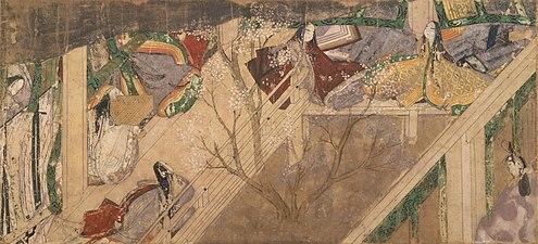 A courtyard with ens on the left and rear sides, a low sitting-height rail on the left side only, and sudare (bamboo roller blinds) flush to the right side; in the court, a single pink-flowering tree