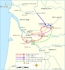 A map of south west France in 1345 showing the main movements of troops between August and November