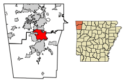 Location of Springdale in Benton County and Washington County, Arkansas.