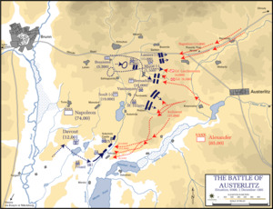 Map with blue lines showing the French advance against the Allied center, symbolized with red lines.