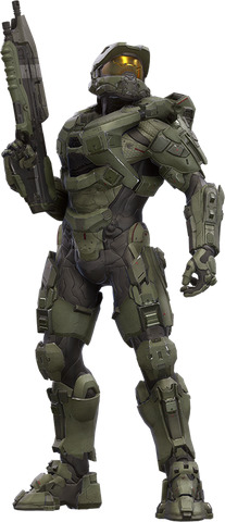 A render of the article subject, a soldier encased in a black undersuit, with worn greenish metal armor worn over it. He carries a long, black weapon in his right hand, and wears a helmet with a golden, reflective visor.