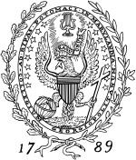 A vertical oval-shaped black and white design with a bald eagle whose wings are spread and who is grasping a globe and a cross with its claws. Around the seal are leaves and the numbers 17 and 89 appear on either side.