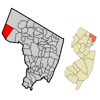 Map highlighting Oakland's location within Bergen County. Inset: Bergen County's location within New Jersey.