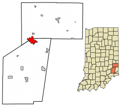 Location of Batesville in Franklin County and Ripley County, Indiana.