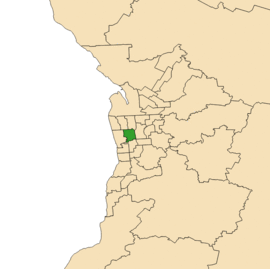 Map of Adelaide, South Australia with electoral district of West Torrens highlighted