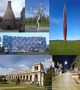 Top to bottom, left to right: Bottle kiln in Longton, Tree Stories sculpture in Hanley, Golden sculpture in Tunstall, One Smithfield building in Hanley, Trentham gardens, Hanley cultural quarter