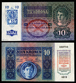 Republic of Czechoslovakia 10 Korun note (1919, provisional and first issue).