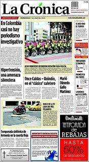 Front page of La Crónica del Quindío, 7 April 2007.jpg