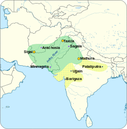 Territories (green) and expansion (yellow) of the Indo-Scythian Kingdom at its greatest extent.