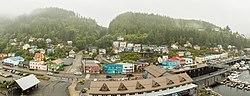 View from a cruise ship of the Newtown area of Ketchikan. In the foreground is the intersection of Schoenbar Rd. and Water Street.