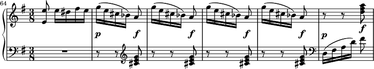  \new PianoStaff << \new Staff << \relative c' { \clef treble \key g \major \time 3/8 \set Score.currentBarNumber = #64 \bar "" <e e'>8 e'16[ dis fis e] \once \override DynamicLineSpanner.staff-padding = #3.5 g16([\p e cis bes)] \once \override DynamicLineSpanner.staff-padding = #3.5 a8\f g'16([ e cis bes)] \once \override DynamicLineSpanner.staff-padding = #3.5 a8\f g'16([ e cis bes)] \once \override DynamicLineSpanner.staff-padding = #3.5 a8\f g'16([ e cis bes)] \once \override DynamicLineSpanner.staff-padding = #3.5 a8\f r r <d fis a>\f } >> \new Staff << \new Voice \relative c' { \clef bass \key g \major \time 3/8 R4. r8 r \clef treble <cis e g> r8 r <cis e g> r8 r <cis e g> r8 r <cis e g> \clef bass \once \override DynamicLineSpanner.staff-padding = #3.5 d,16([^\p fis a d)] fis8 } >> >> 